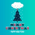 Cute postcard with congratulations for Christmas and Happy New Year. White cloud snow the Christmas tree on a blue background.